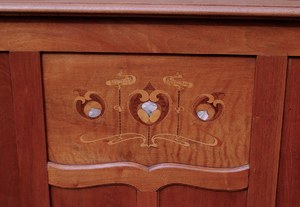 Vintage Arts  and Crafts full size inlaid bed.  Fruitwood bed with inlays of various woods and mother of pearl.